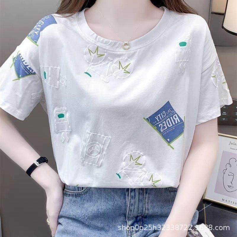 Women Summer Short Sleeve O Neck Fashion Cotton T Shirt Blouse Top