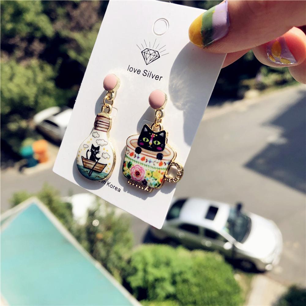 Asymmetric Sweet Women Enamel Cute Animals pendants earrings Cup Cat Stud Earrings Light Bulb Cat