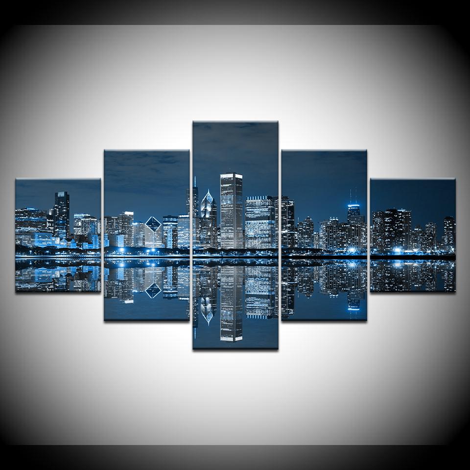 Chicago Downtown Night Scene Canvas Painting Art, 5-Piece Wall Art Painting Stencil Poster Print Home Decor