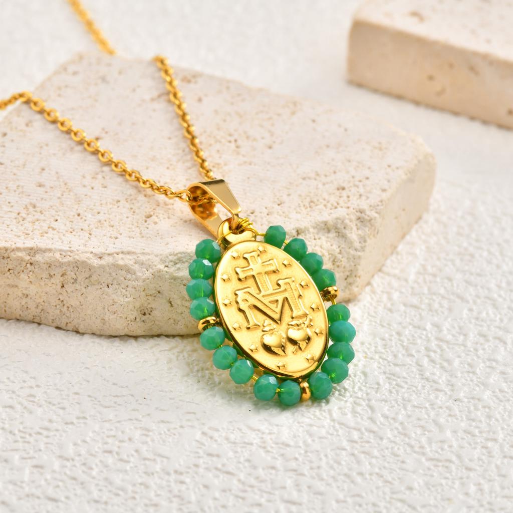 Vnox Gold Plated Stainless Steel Imitation Pearl Virgin Mary Necklace Pendants, Natural Stone Oval Shape Virgin Mary pendant