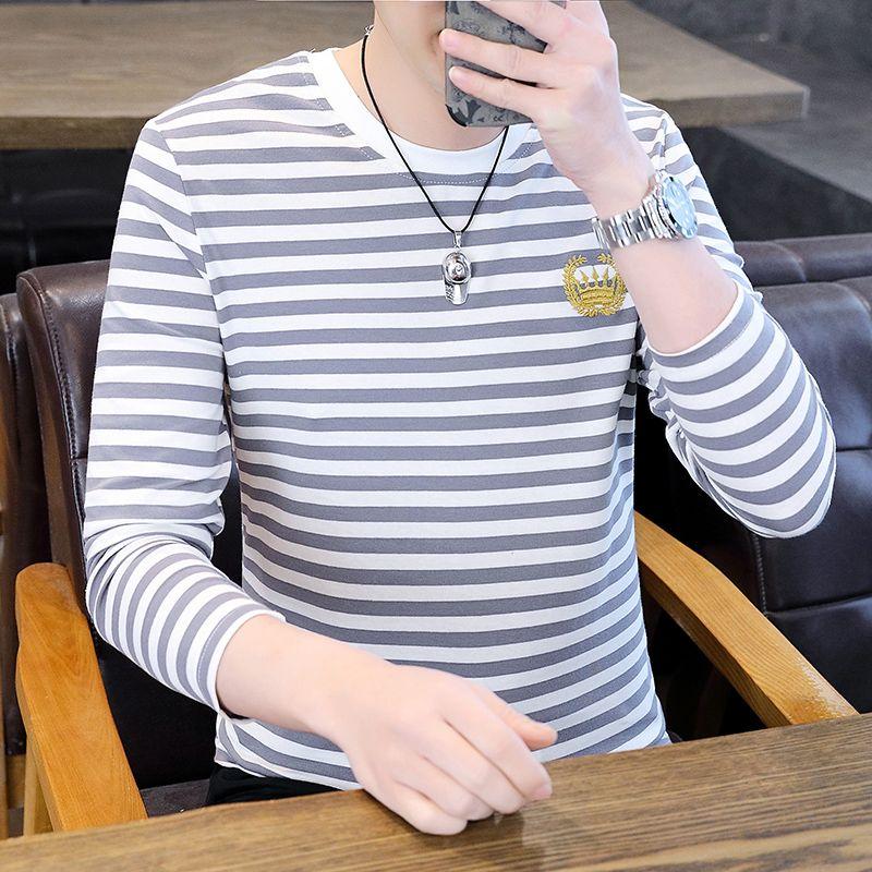Мужская одежда Весна Осень Пуловер с круглым вырезом Длинный рукав Геометрическая вышивка Полосатая Контрастный цвет Футболка Повседневные топы