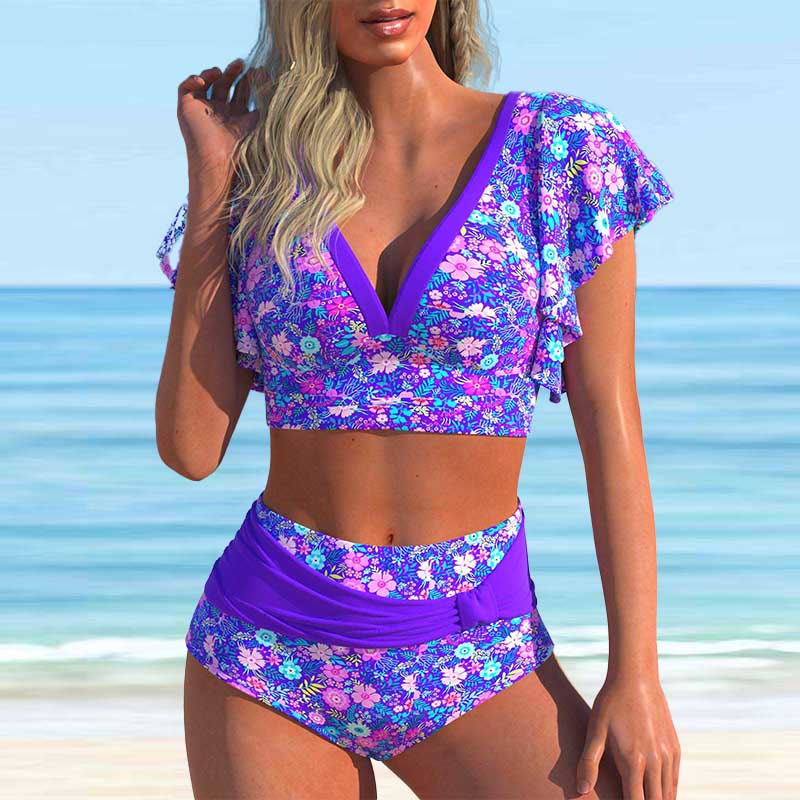 Women's Shoulder Strap Swimsuit with Floral Brocade Print Bikini Short Tank Top Swimsuit