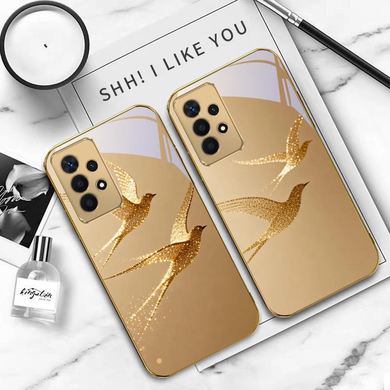 golden flying bird For Samsung A 01 52S A04 A05S A10 A12 A13 22 23 24 36 42 M02 Note 10 20Ultra 8 9 Golden glass phone case
