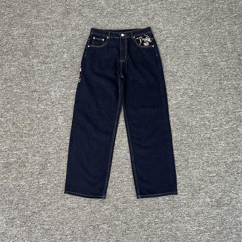 Jeans Sakura Embroidery Loose Straight Fit Casual Tide