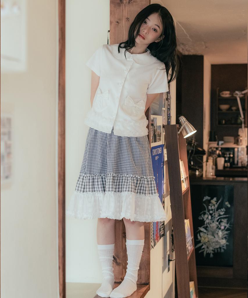 HIGH SCHOOL DISCO Round Collar Ribbon Pocket Blouse_White