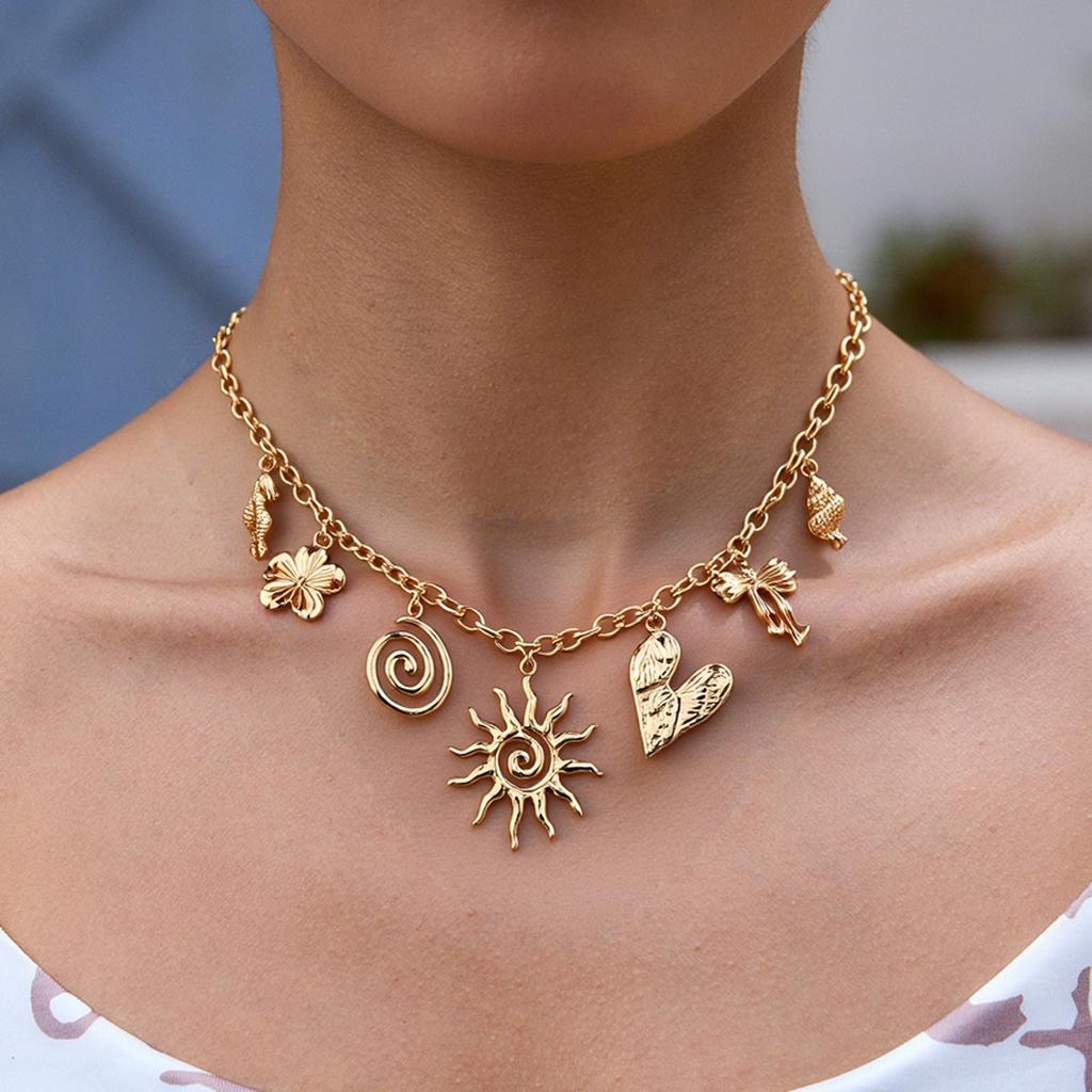 Summer Multi element Pendant Necklace Versatile Punk Style Sun Heart Flower Decoration Collarbone Chain Vintage Women Jewelry