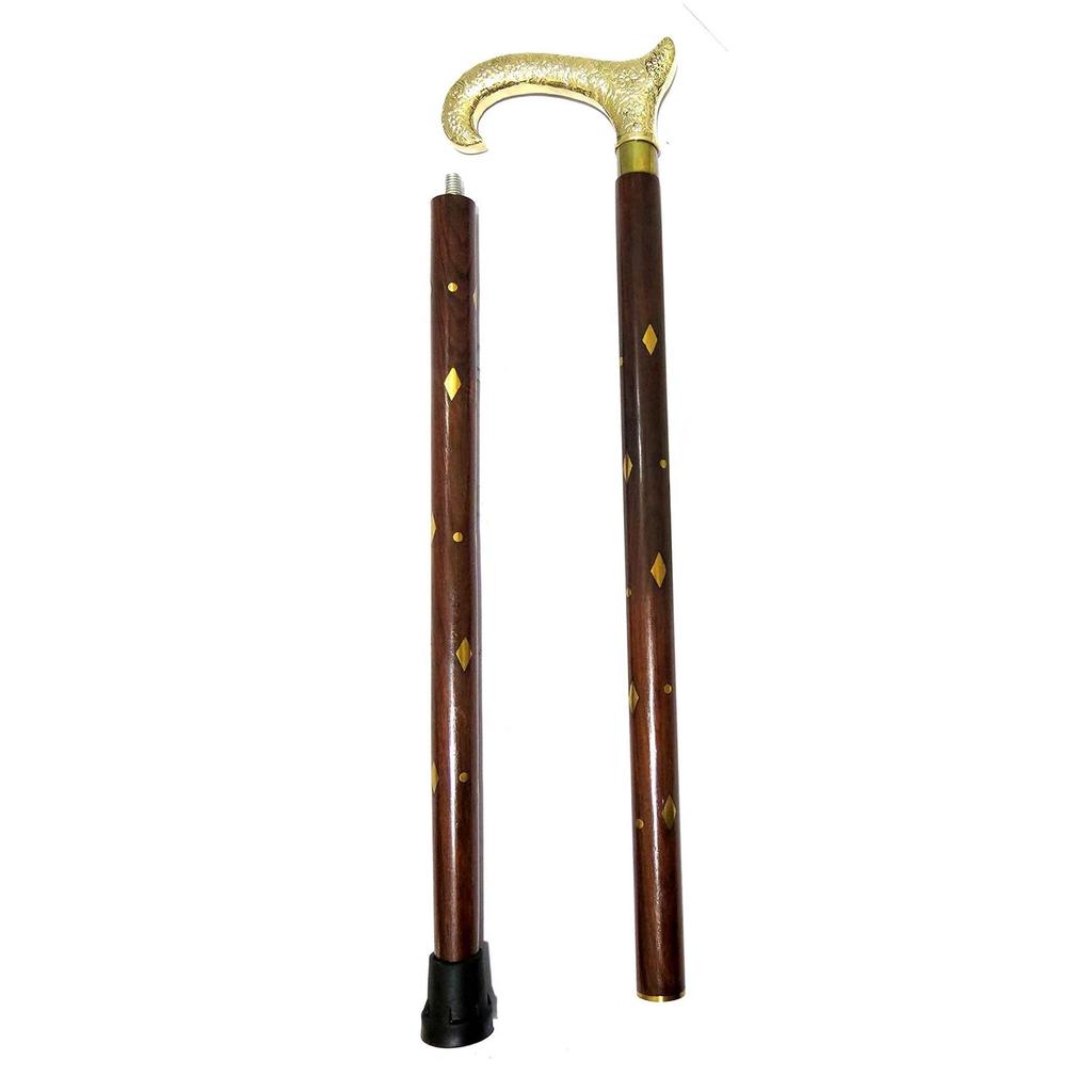 Solid Wood 2 Part Folding Walking Stick with Carved Brass Handle for Men & Women 36 Inches Long