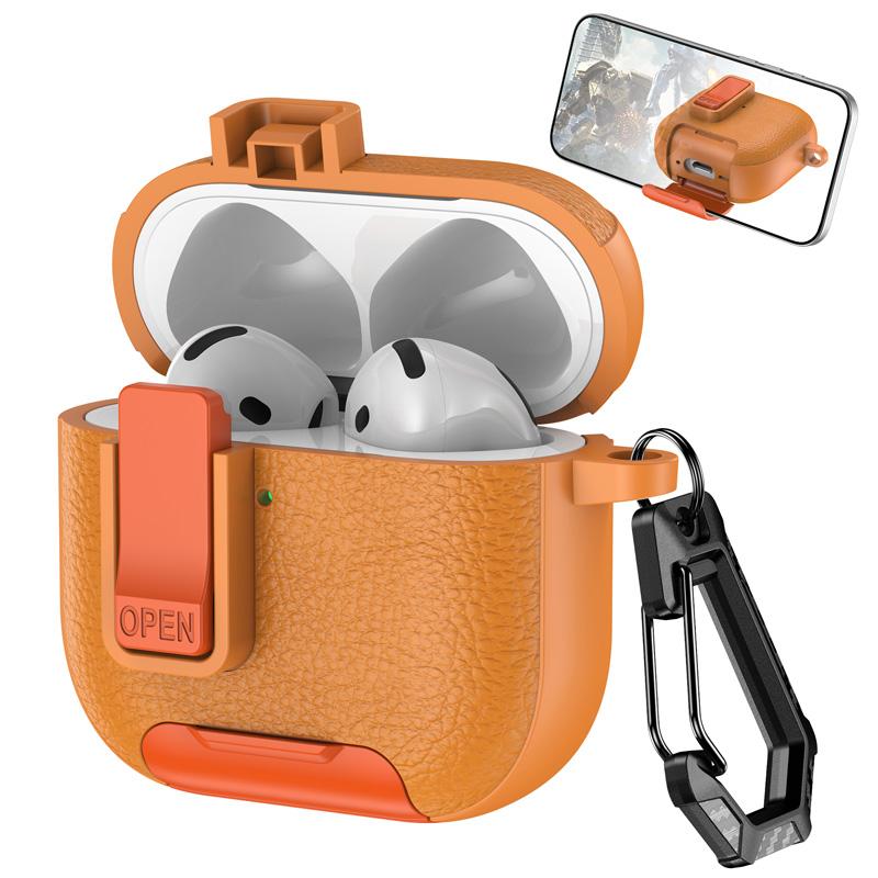 Luxury Leather Textured Headphone Case with Stand for Airpods 4 Pro 2 3 2 1 Case Drop-proof Headphone Case with a Hook