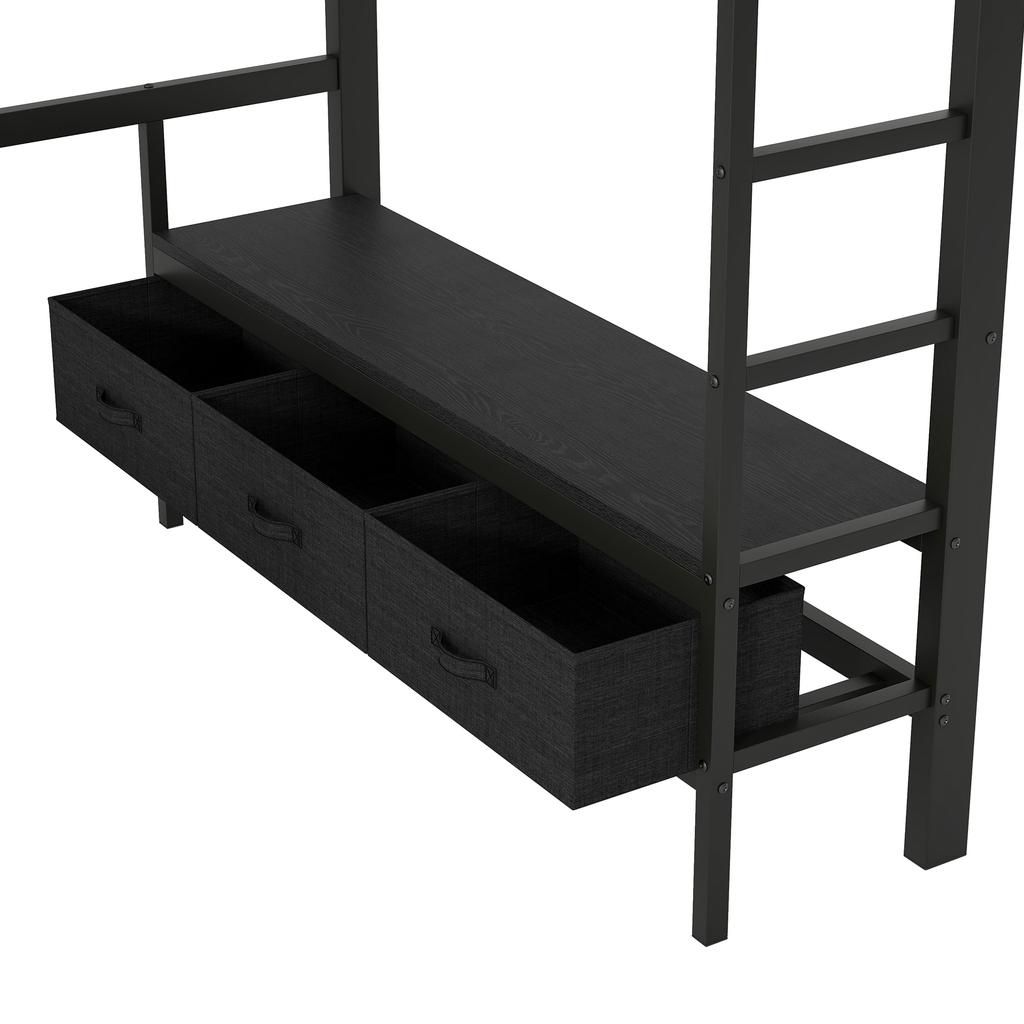 140 x 200 cm Metal Play Loft Bed with USB, LED, Desk, Open Wardrobe and 3 Laundry Drawers, Black