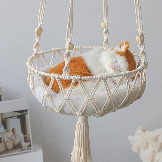 Cat Hammock Bed Handwoven Cat Hanging Basket Boho Cat Swing Bed for Indoor Cat Sleeping Playing Climbing Lounging