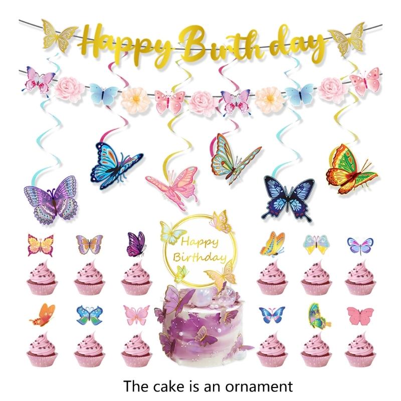Butterfly Cake Toppers Set Party Supplies Hanging Swirls Colorful Banners Paper Texture for Creative Butterfly Dessert