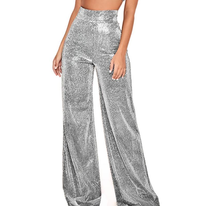 GMXIA Женские серебристые фольгированные широкие брюки с высокой талией, плотные брюки, женские повседневные брюки