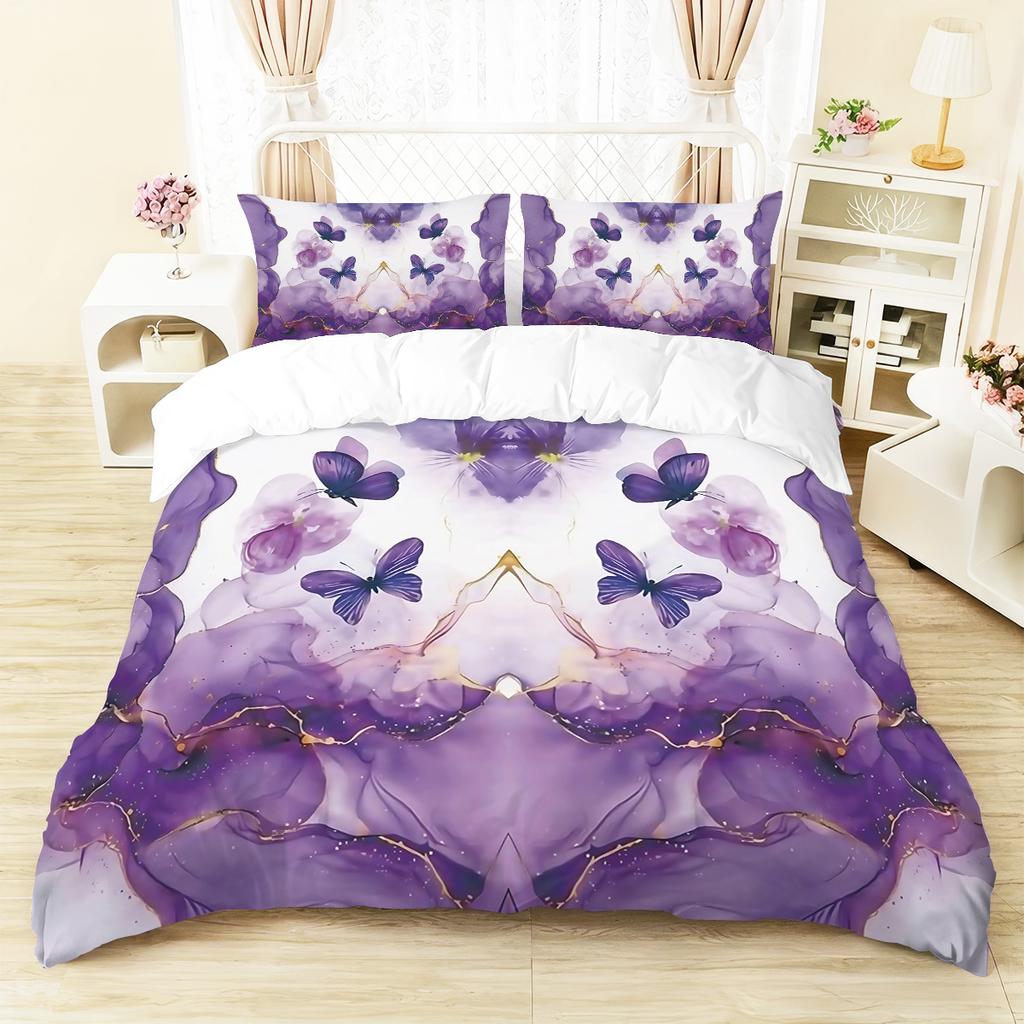 3Pcs Purple Butterfly Pattern Bedding Set, 1*Quilt Cover+2*Pillowcase, Suitable For Girls And Women Bedroom, Birthday Gift
