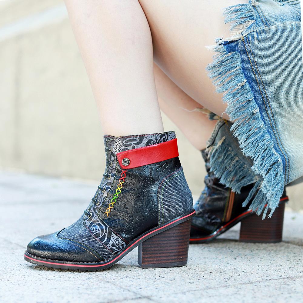 Johnature Ретро Комфорт Толстый Каблук Короткие Сапоги Ручной Работы Натуральная Кожа Сращивание Набивная Ткань Женская Обувь