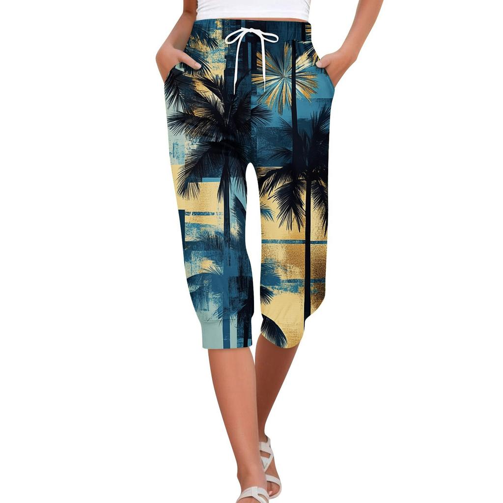 Женские летние повседневные свободные укороченные брюки с гавайским принтом и карманами