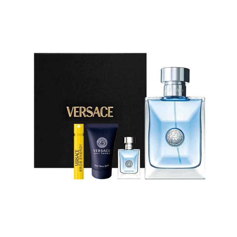 Versace Подарочный набор с тем же названием + + + 3 Мужских парфюма 100 мл + пробная версия 1 мл + мужской парфюм 5 мл + мужской лосьон после бритья 25 мл