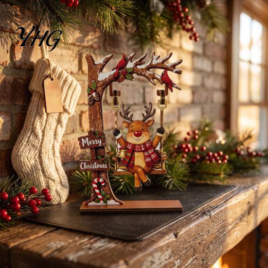 Christmas Party Table Decorations Wooden Ornaments, Santa Snowman Figurine with Moving Ornaments Swing, Rustic Holiday Tabletop Centerpiece