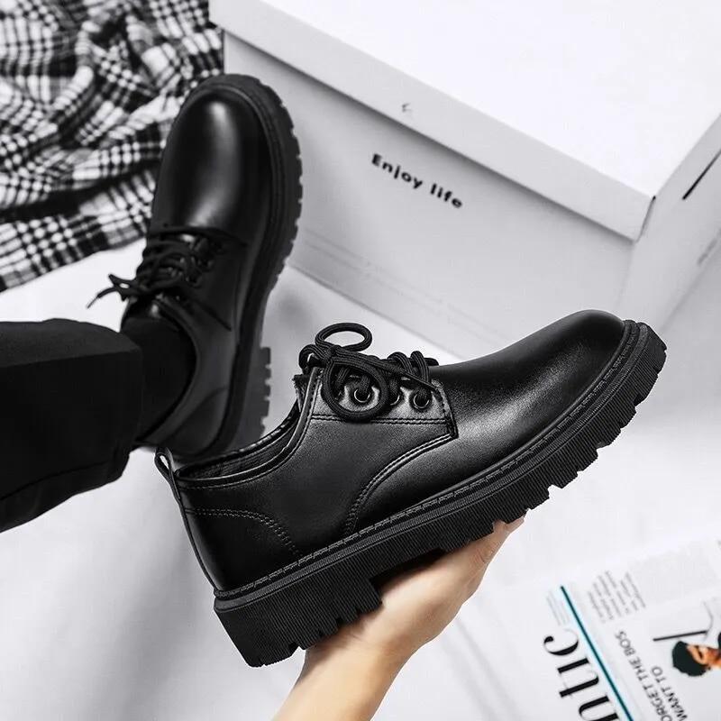 Men Korea Leather Platform Oxfords Slip On Thick Tottom Male Derby Shoes Casual Loafers Mens Square Toe Formal Dress Shoes