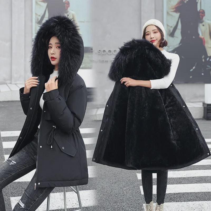 Женская повседневная куртка средней длины из хлопка в корейском стиле с меховым воротником