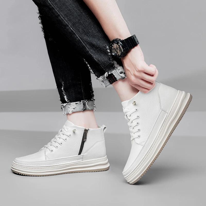 Новые мужские туфли из натуральной кожи, повседневная обувь, роскошные мужские ботильоны, толстые мотоциклетные ботинки, высокие мужские кроссовки белого цвета