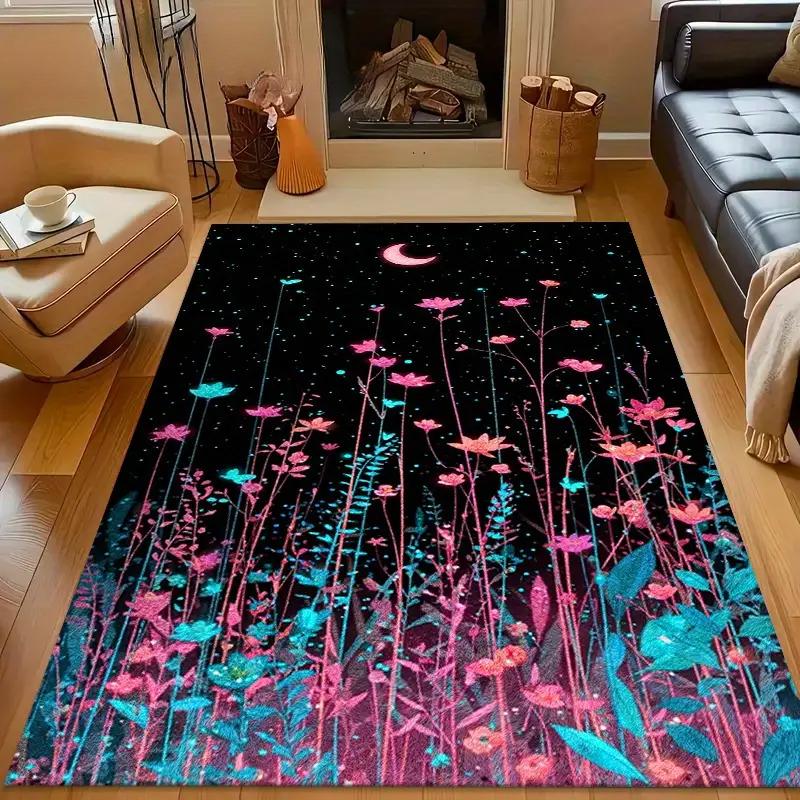 Pinkish Purple Moon Carpet Living Room Girls Room Mysterious Witch Flowers NonSlip Rug Home Hallway Area Decor Rug Doormat