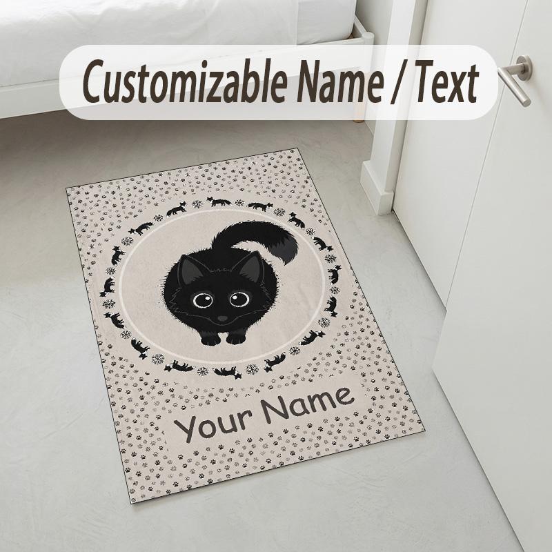 Black Cat Music Theme Soft Crystal Velvet Rug Custom Name & Text Print Non Slip Floor Rug for Bedroom Living Room