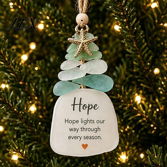 Festive Window Door Decor Sea Glass Christmas Tree Ornament, Seaglass Art Hanging with Starfish Charm, Ocean Inspired Ornaments Peace Love Joy