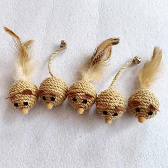 Natural Sisal Toy for Cats Handwoven Sisal Balls Mice Toys with Feather/Bell Interactive Cat Scratcher Chew Toy for Kitten Kicker