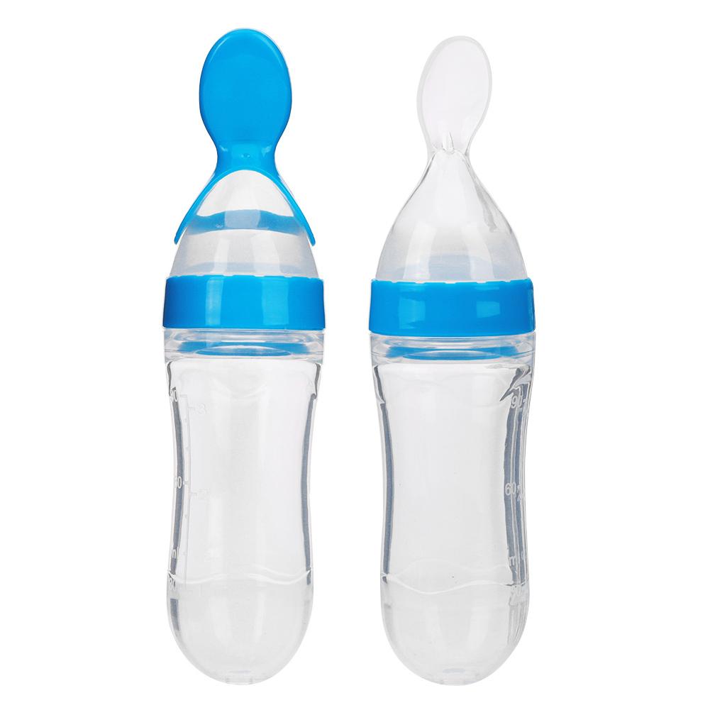 90ml Silicone Baby Toddler Feeding Bottle with Spoon Fresh Food Cereal Squeeze FeederBlue