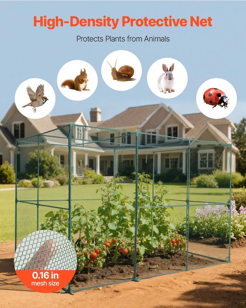 Crop Cage, 2.9 x 1.94 x 1.94 m Plant Protection Tent with Zippered Door, Wind-Resistant Tall Crop Cage, Easy to Install, Outdoor Raised Bed Cover,