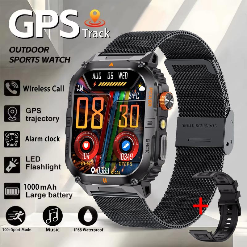 Новые мужские военные умные часы со встроенным GPS, большая батарея 1000 мАч, водонепроницаемость IP68, светодиодный фонарик, HD Bluetooth-звонки