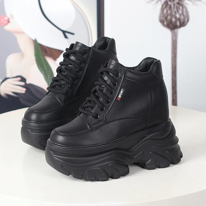 Модная осенне-зимняя женская обувь из кожи с высоким верхом, кроссовки на платформе и танкетке, массивная обувь, скрытый каблук 12 см, белая, черная, женская повседневная обувь