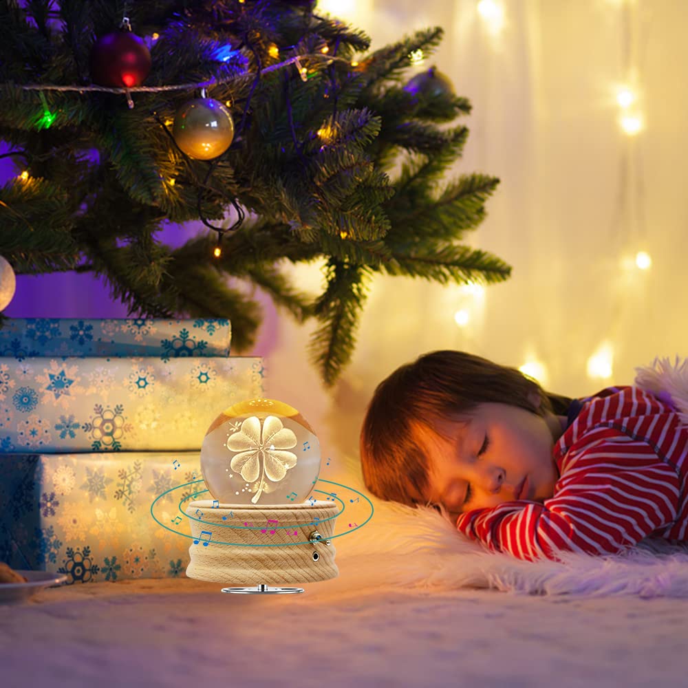 Mozalida Music Box Lucky Clover Crystal Ball Music Perfect for Snow or As a Moon Features Ambient Bedside LED USB Projection and a Stylish Handmade