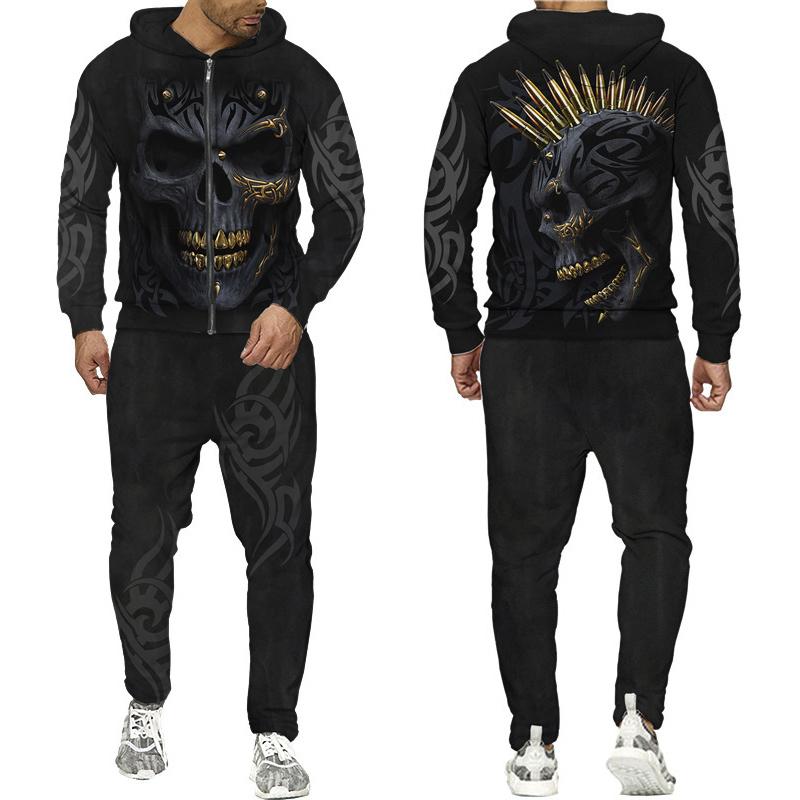 Cool Skull 3D Printed Black Zipper Hoodie Pants Suit Gothic Punk Style Men Women Tracksuit Set 2023 Halloween Streetwear Costume