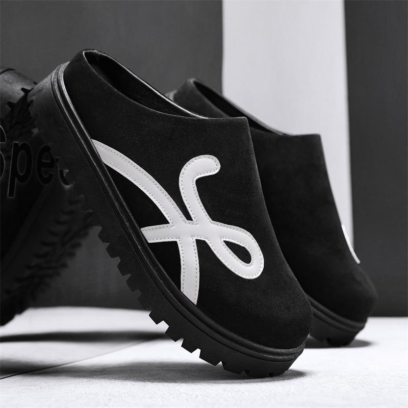 Summer New Men Half Dragged Leather Shoes PU Net Red Envelope Headless Half Dragged Leather Shoes Size 38-44 Men Slippers