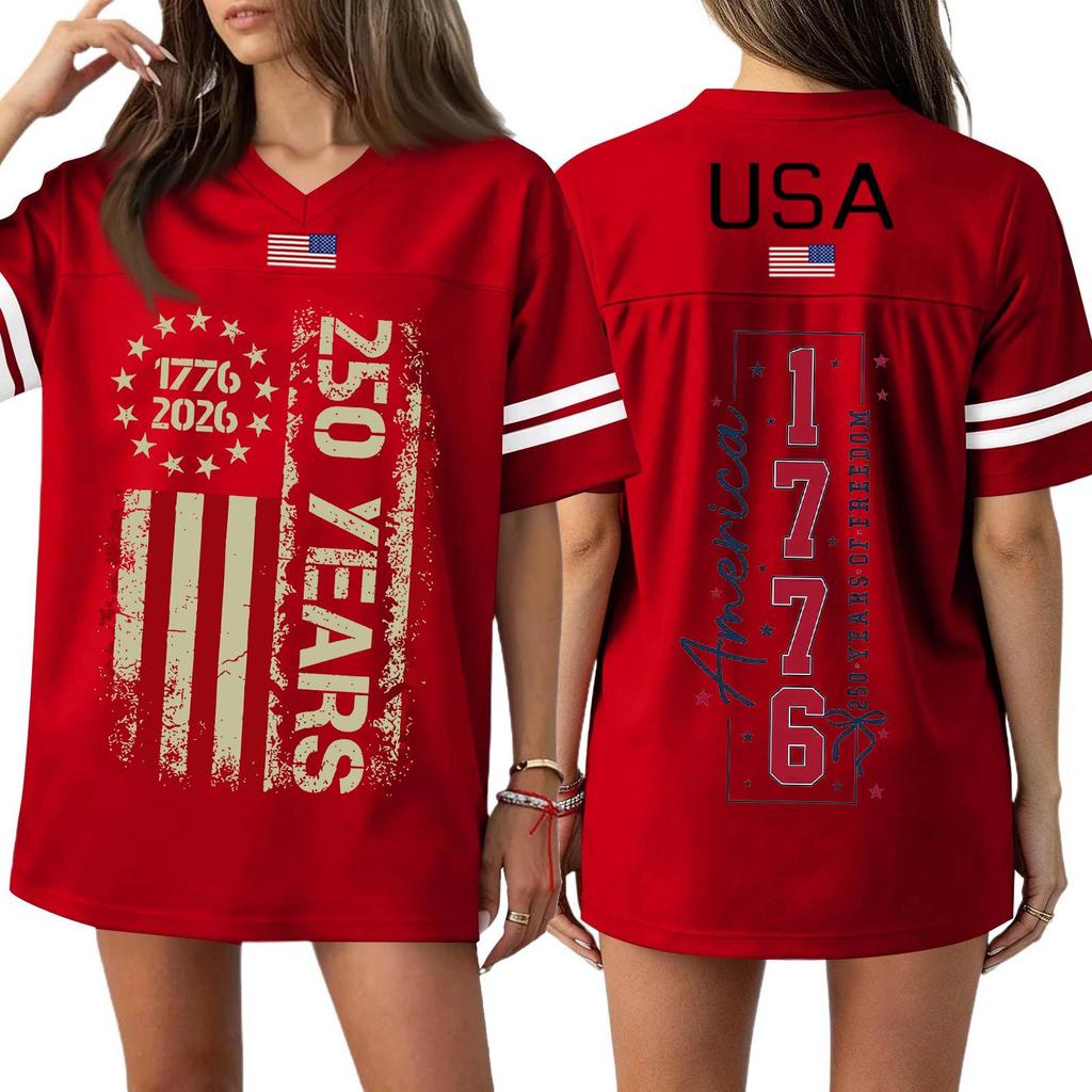 Женская повседневная модная спортивная футболка с V-образным вырезом, принтом ко Дню независимости, коротким рукавом, топ