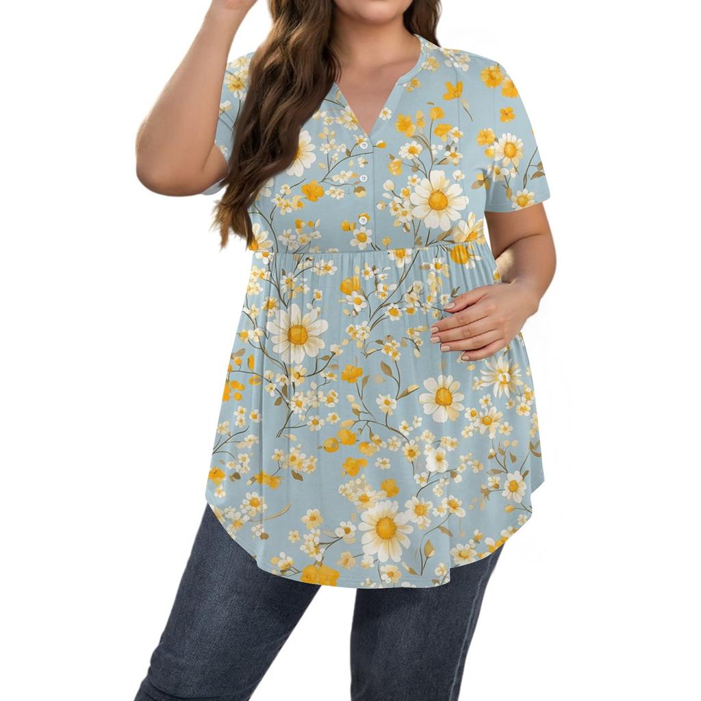 Женский принт Большой размер V-образный вырез Застегивающаяся на пуговицы блузка Повседневная с коротким рукавом Свободная блузка