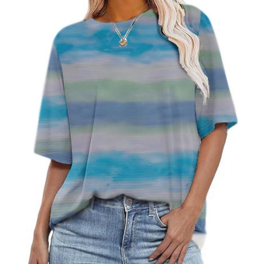Женские повседневные свободные футболки с круглым вырезом и короткими рукавами в полоску с цифровой печатью для женщин