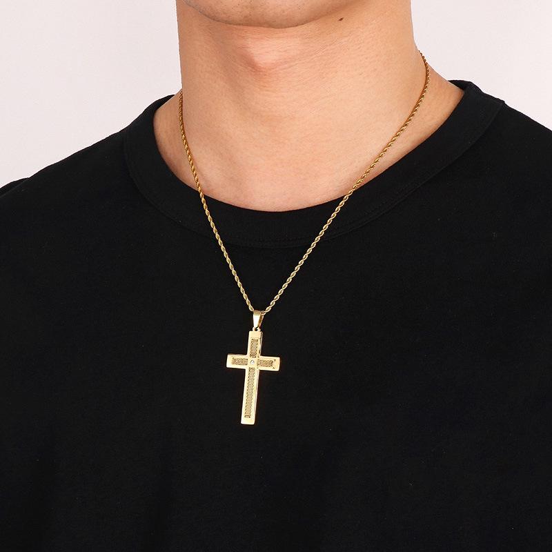 Мужское хип-хоп ожерелье с двухслойным кулоном в виде креста со стразами