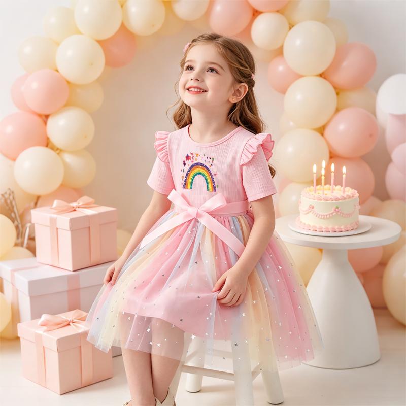 Girls Star Tulle Dress,Sparkling Rainbow and Love Print, Cute Princess Party Dress with Bow, Short Sleeve Summer Dress for Little Girls