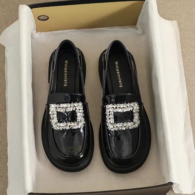 Модные массивные мокасины со стразами, женские туфли на платформе, повседневные кожаные туфли Мэри Джейн, женские туфли без застежек бежевого цвета, модная весенняя обувь в стиле колледжа