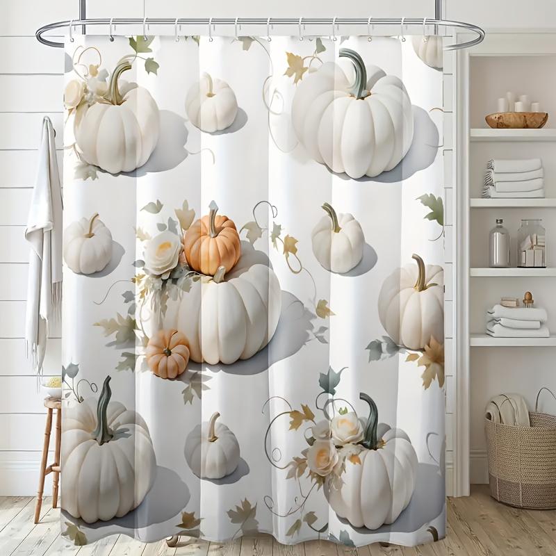 Autumn Pumpkin Shower Curtain 72x72 Polyester Washable – Rustic Floral & Maple Leaves on Cream Background with 12 Hooks