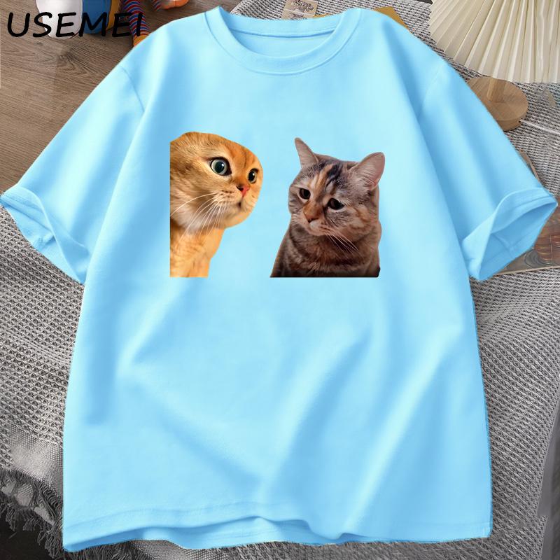 Sad Cat Mewing T-shirt Funny Two Cats Talking Meme Grpahic T Shirts Women Men's Cotton T-shirt Summer Short Sleeves Tees