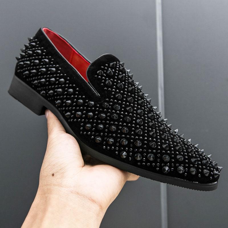 Men Black Rivet Rhinestones Pointed Slip On Shoes Designer Rock Punk Loafers Formal Wedding Prom Dress Footwear