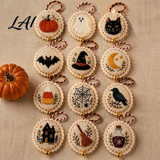 Easy Embroidery for Adults Halloween Pendant Set DIY Non-woven Fabric Craft Complete Needlework Tool Set Kit Keychain Bag Hanging Ornaments Portable