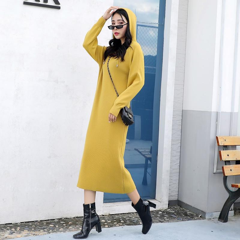 Женское длинное платье-свитер с капюшоном, однотонное, с длинным рукавом, прямое, черный, абрикосовый, хаки, кофейно-желтый