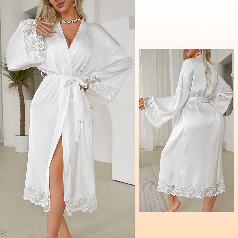 V-Neck Sexy Dressing Gowns Kimono Bathing Home Suit Fashion Like Silk Robes New Women Long Satin Lace Bathrobes