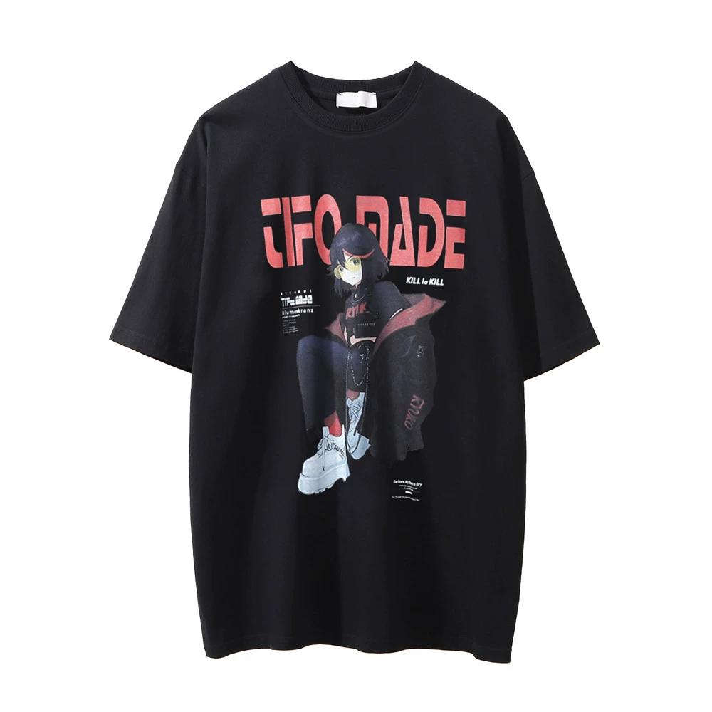 Мужская футболка с короткими рукавами и принтом аниме-персонажей, свободная и повседневная, летняя потертая футболка с круглым вырезом, уличный модный топ