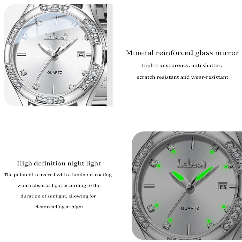 Elegant Women Dress Quartz Watch Sparkling Crystal Bezel Small Dial Luminous Date Waterproof Steel Band Wristwatch