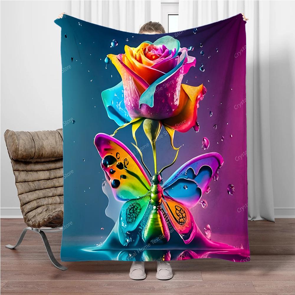 Colorful Rose & Butterfly Design Flannel Blanket Sofa Lunch Soft Break Blanket Children Student Kids Gift,Office Couch Chair Bed